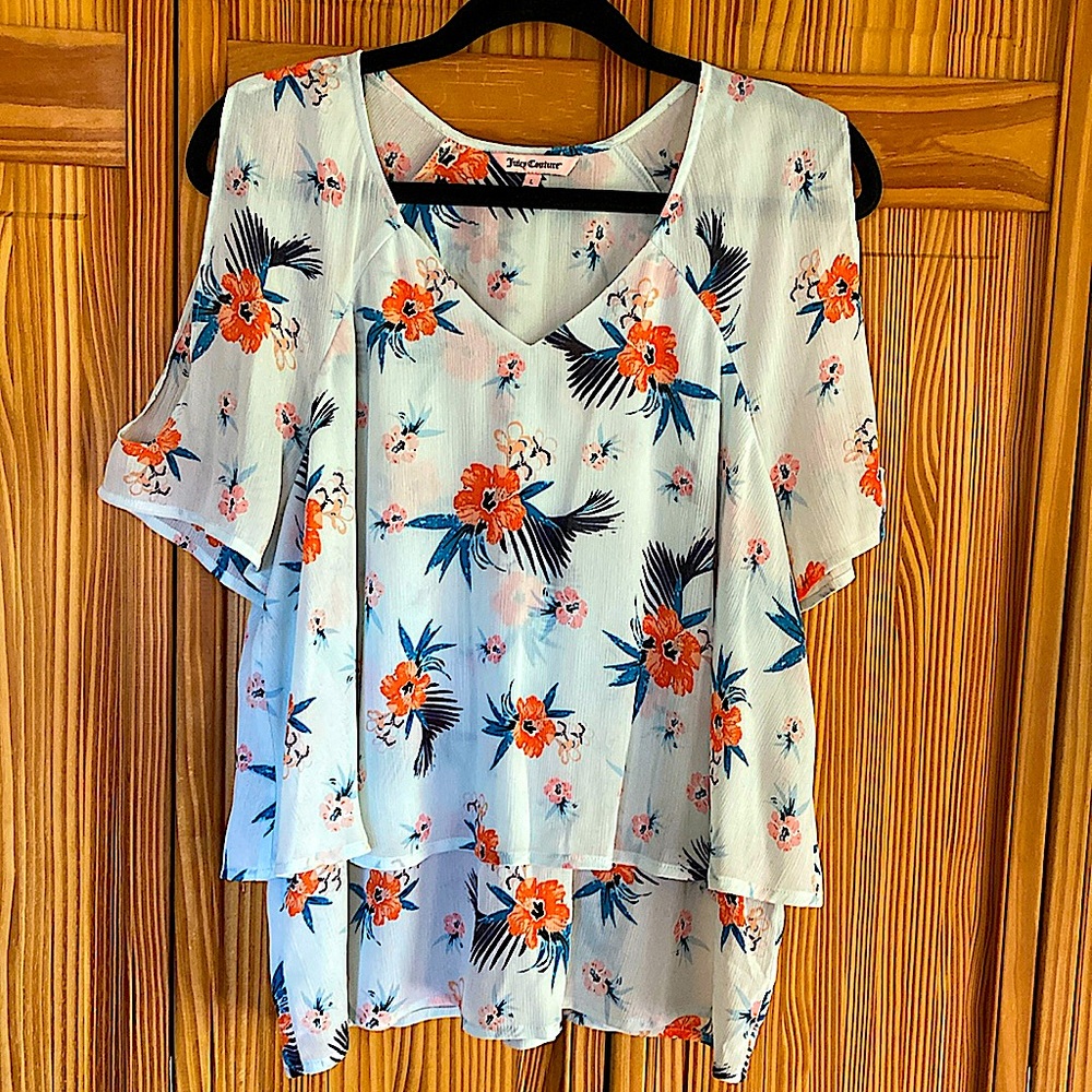 Juicy Couture Cold Shoulder Top Light Blue Floral Print Size Large